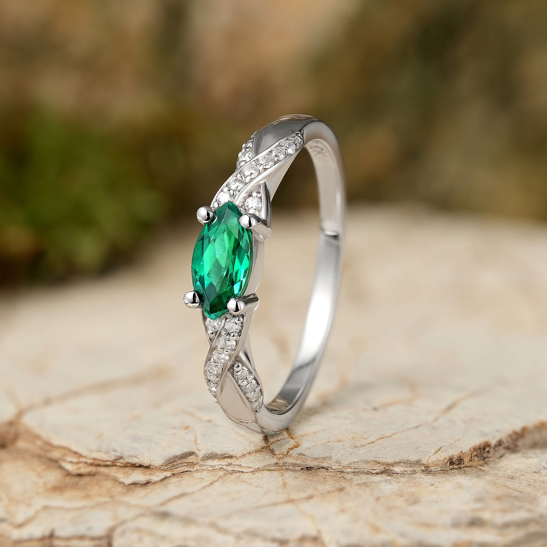 Straight Marquise Cut Emerald and Moissanite Mobius Wedding Band - Iver Jewelry