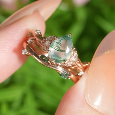 Unique Pear Cut Moss Agate Moissanite Vine Engagement Ring Set 2pcs