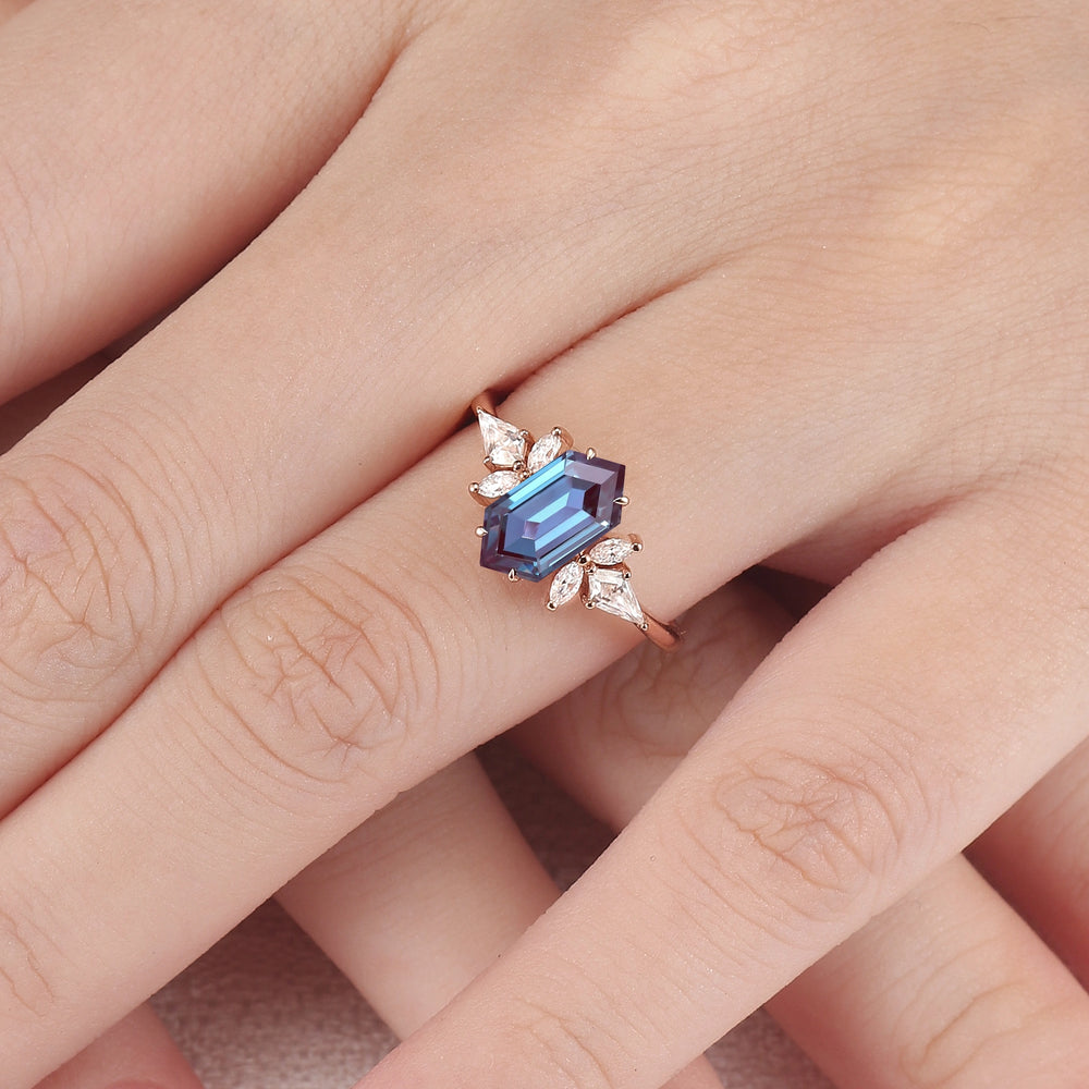 Cluster Hexagon Cut Alexandrite Gemstone Ring