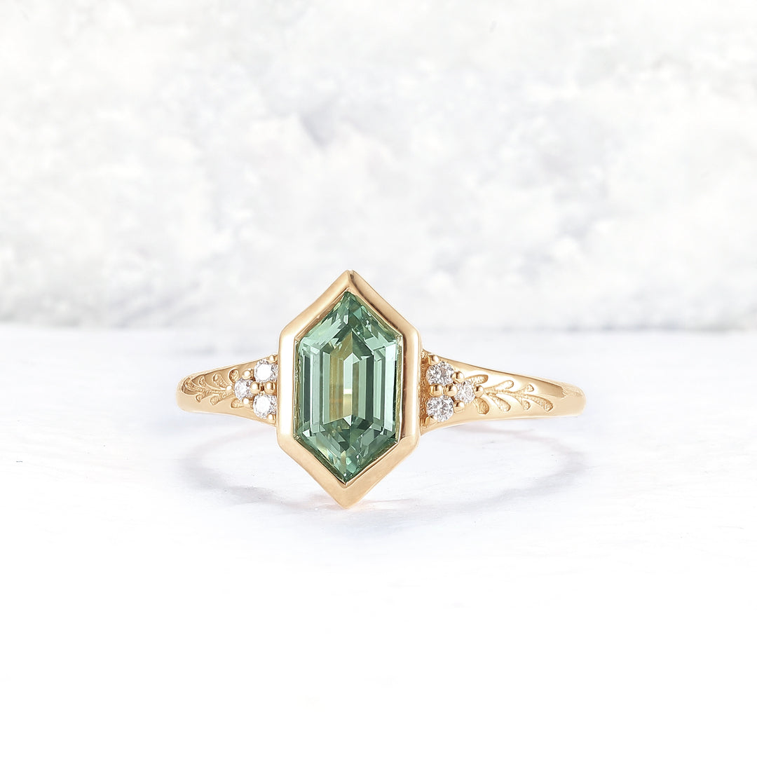 Cluster Hexagon Cut Green Sapphire Seven Gemstone Ring