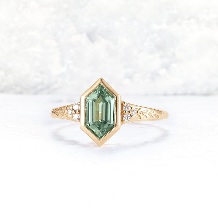 Cluster Hexagon Cut Green Sapphire Seven Gemstone Ring