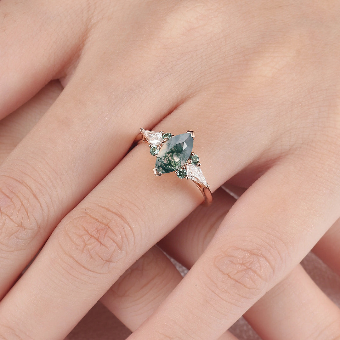Cluster Marquise Cut Moss agate Seven Gemstone Ring