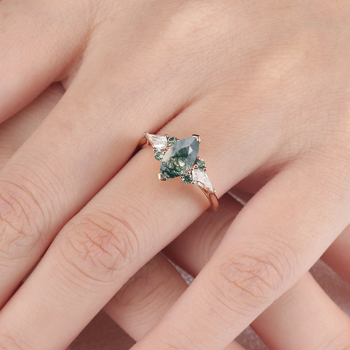 Cluster Marquise Cut Moss agate Seven Gemstone Ring