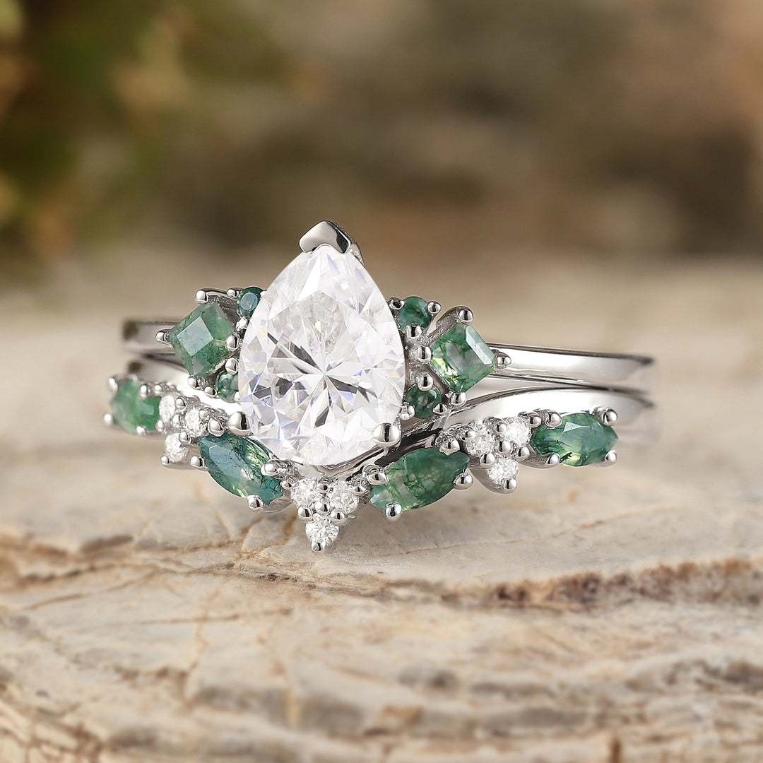 Cluster Pear Cut Moissanite Seven Stones Silver Ring Set 2pcs