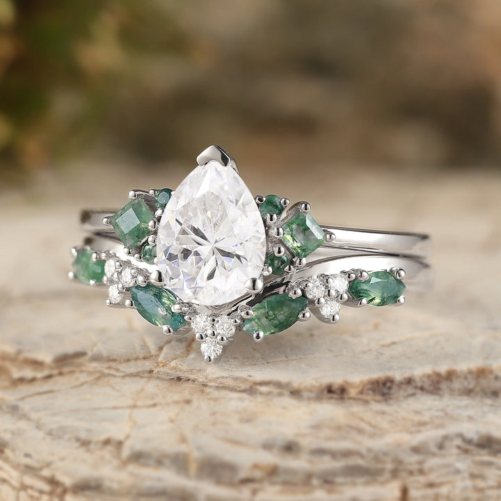 Cluster Pear Cut Moissanite Seven Stones Silver Ring Set 2pcs