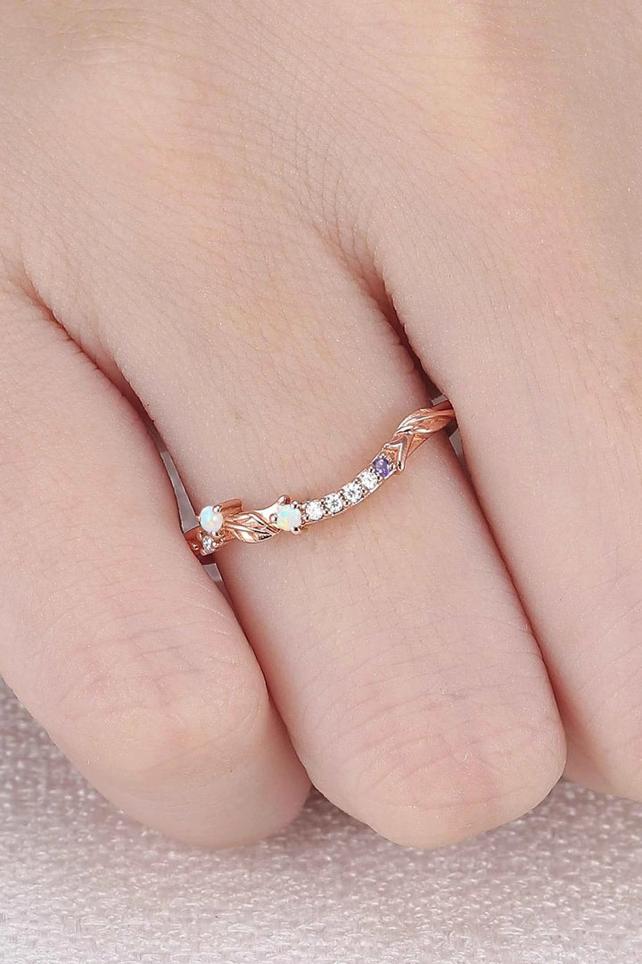 Curved Opal and Moissanite Leafy Wedding Ring
