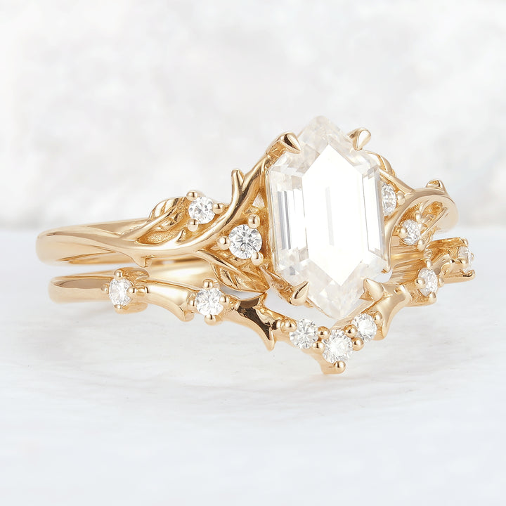 Nature Hexagon Cut Moissanite Vine Gemstone Ring Set 2pcs