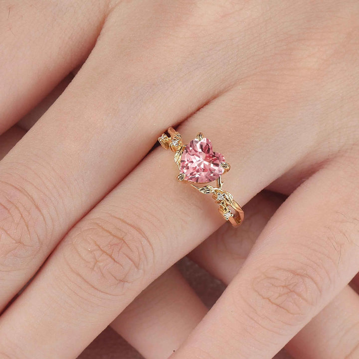 Fire Cut Heart Shaped Pink Sapphire Leafy Gemstone Ring
