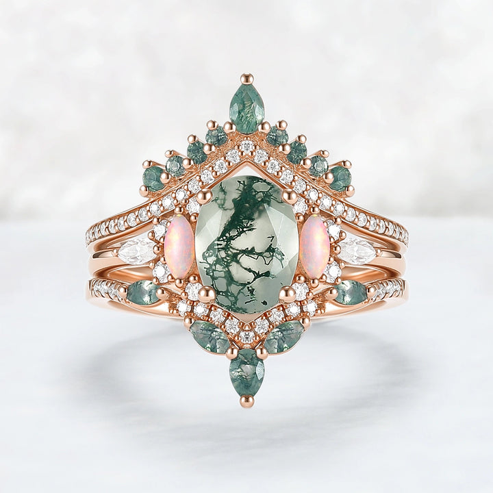 Nature Inspired Oval Cut Moss Agate Cluster Gemstone Ring Set 3pcs