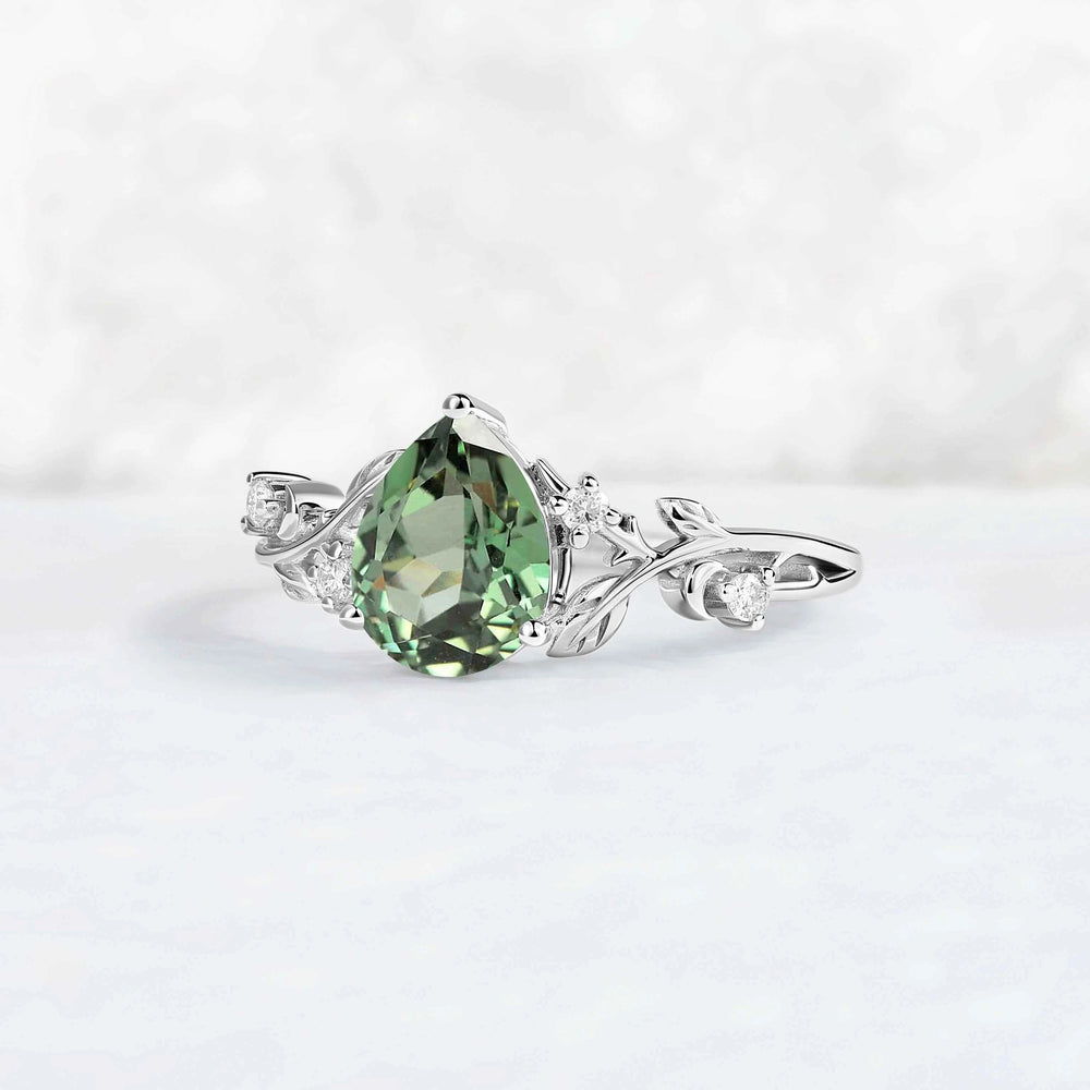 Nature Inspired Pear Cut Lab Green Sapphire Moon & Leafy Ring
