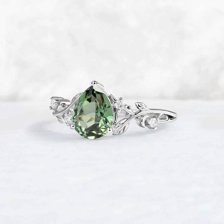 Nature Inspired Pear Cut Lab Green Sapphire Moon & Leafy Ring