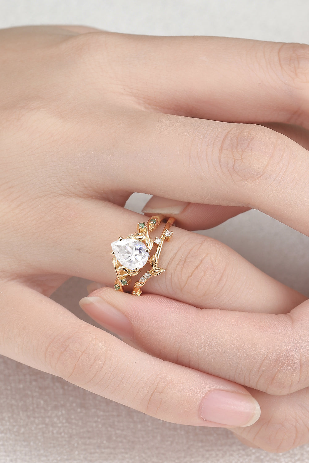 Nature Inspired Pear Cut Moissanite Moon Gemstone Ring Set 2pcs