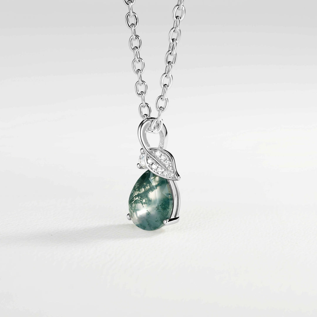 Nature Inspired Pear Cut Moss Agate Leafy Pendant - Ready to Ship
