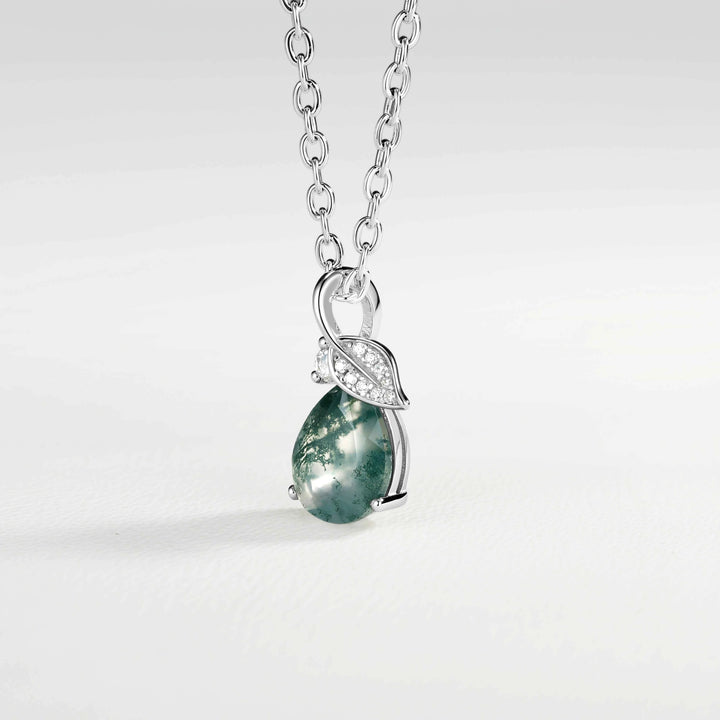 Nature Inspired Pear Cut Moss Agate Leafy Pendant - Ready to Ship