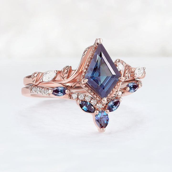 Nature Kite Cut Alexandrite Leaf Engagement Ring Set 2pcs