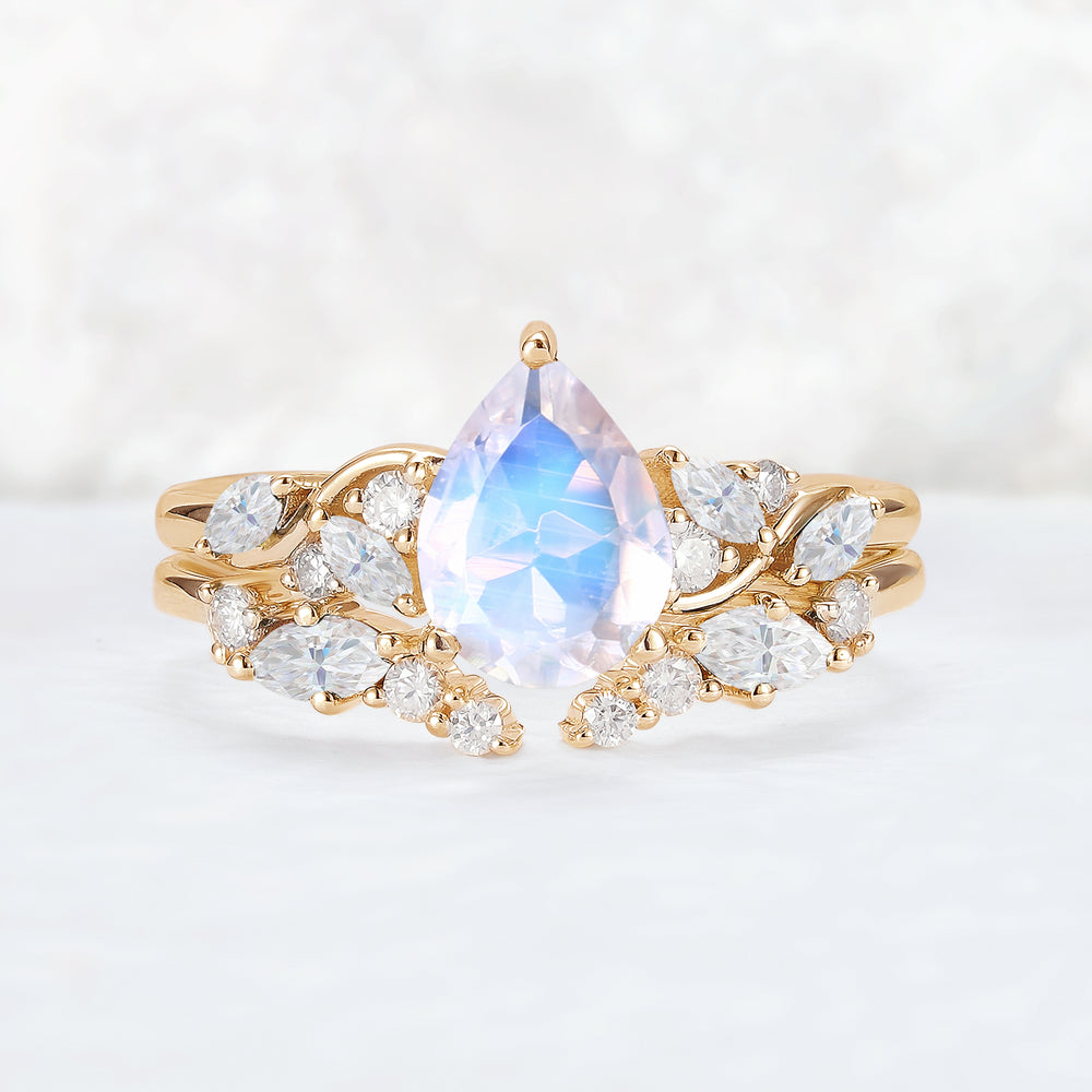 Nature Pear Shaped Moonstone Vine Gemstone Ring Set 2pcs