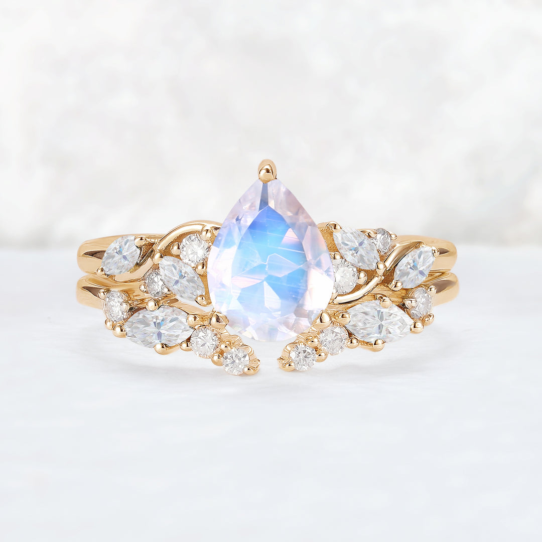 Nature Pear Shaped Moonstone Vine Gemstone Ring Set 2pcs