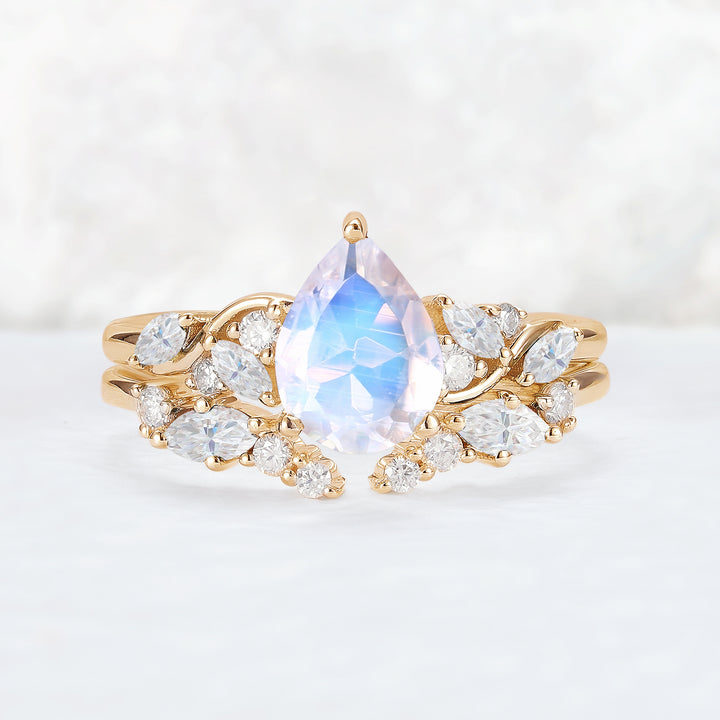 Nature Pear Shaped Moonstone Vine Gemstone Ring Set 2pcs