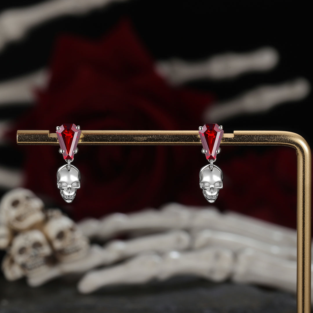 Skull Conffin Shaped Garnet White Gold Earrings Halloween Jewelry