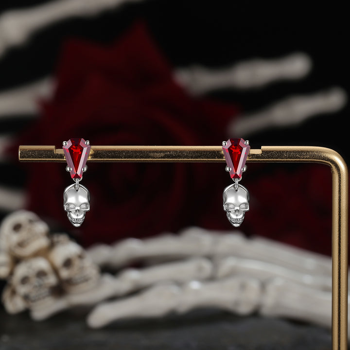 Skull Conffin Shaped Garnet White Gold Earrings Halloween Jewelry