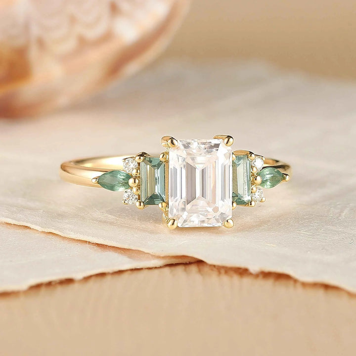 Unique Aveline Emerald Cut Moissanite and Moss Agate Ring
