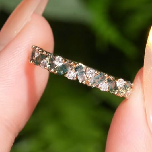 Unique Baguette Moss Agate Art Half Eternity Wedding ring - Iver Jewelry