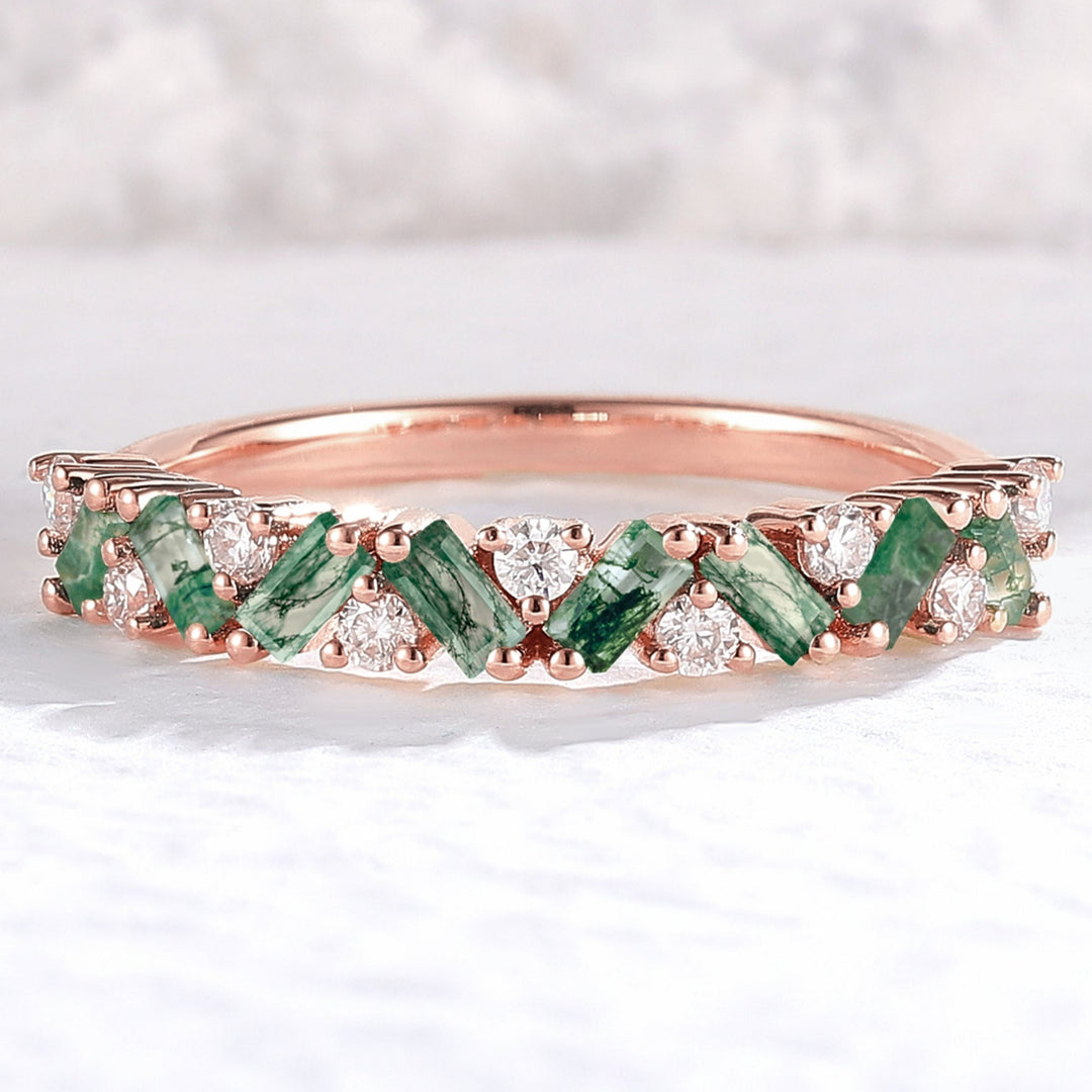 Unique Baguette Moss Agate Art Half Eternity Sterling Silver Wedding ring