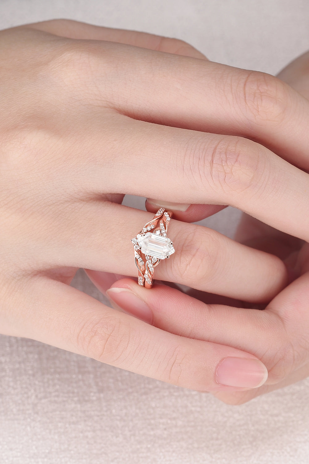 Unique Hexagon Cut Moissanite Vine Ring Set 2pcs