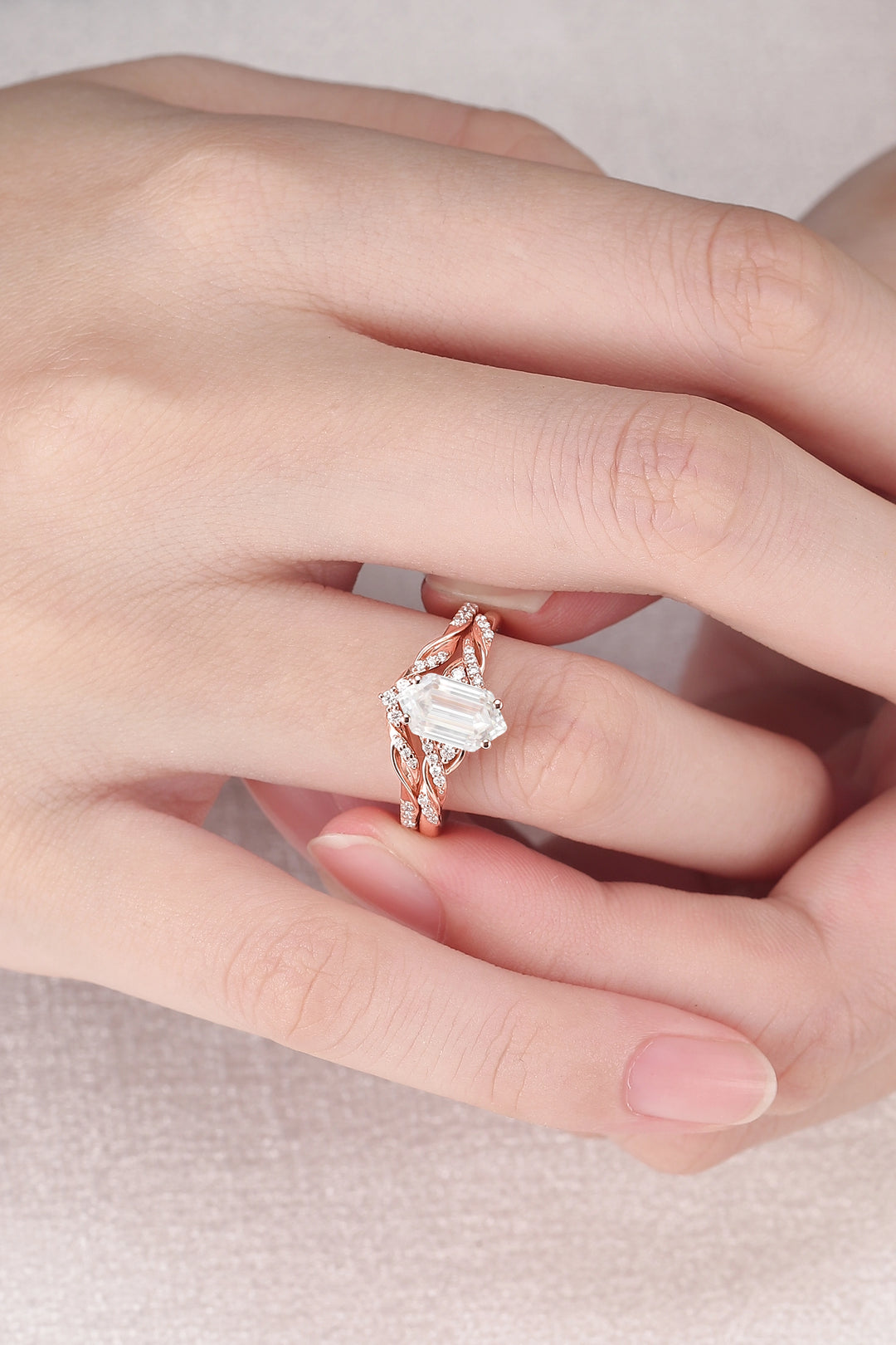 Unique Hexagon Cut Moissanite Vine Ring Set 2pcs