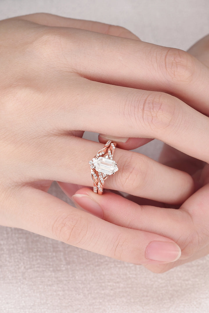 Unique Hexagon Cut Moissanite Vine Ring Set 2pcs