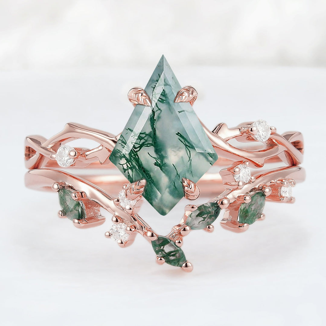 Unique Kite Cut Moss Agate Leaf and Vine Engagement Ring Set 2pcs