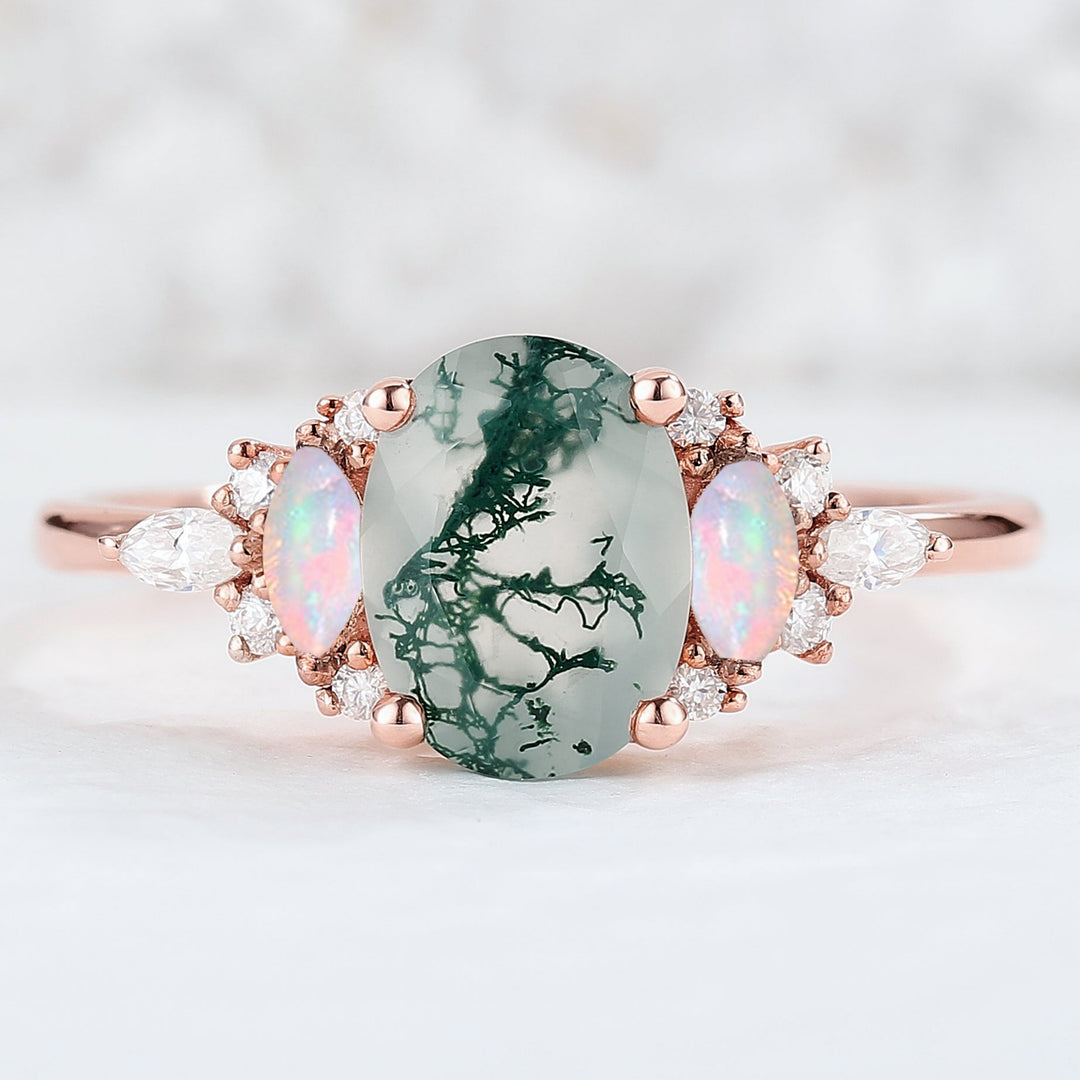 Unique Oval Shaped Moss Agate Cluster Engagement Ring