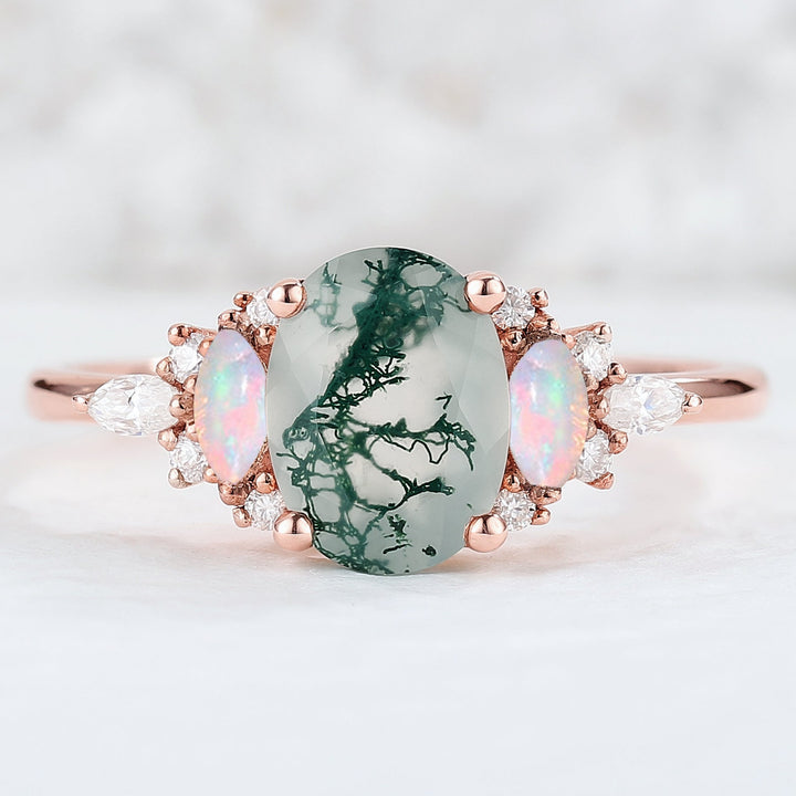 Unique Oval Shaped Moss Agate Cluster Engagement Ring