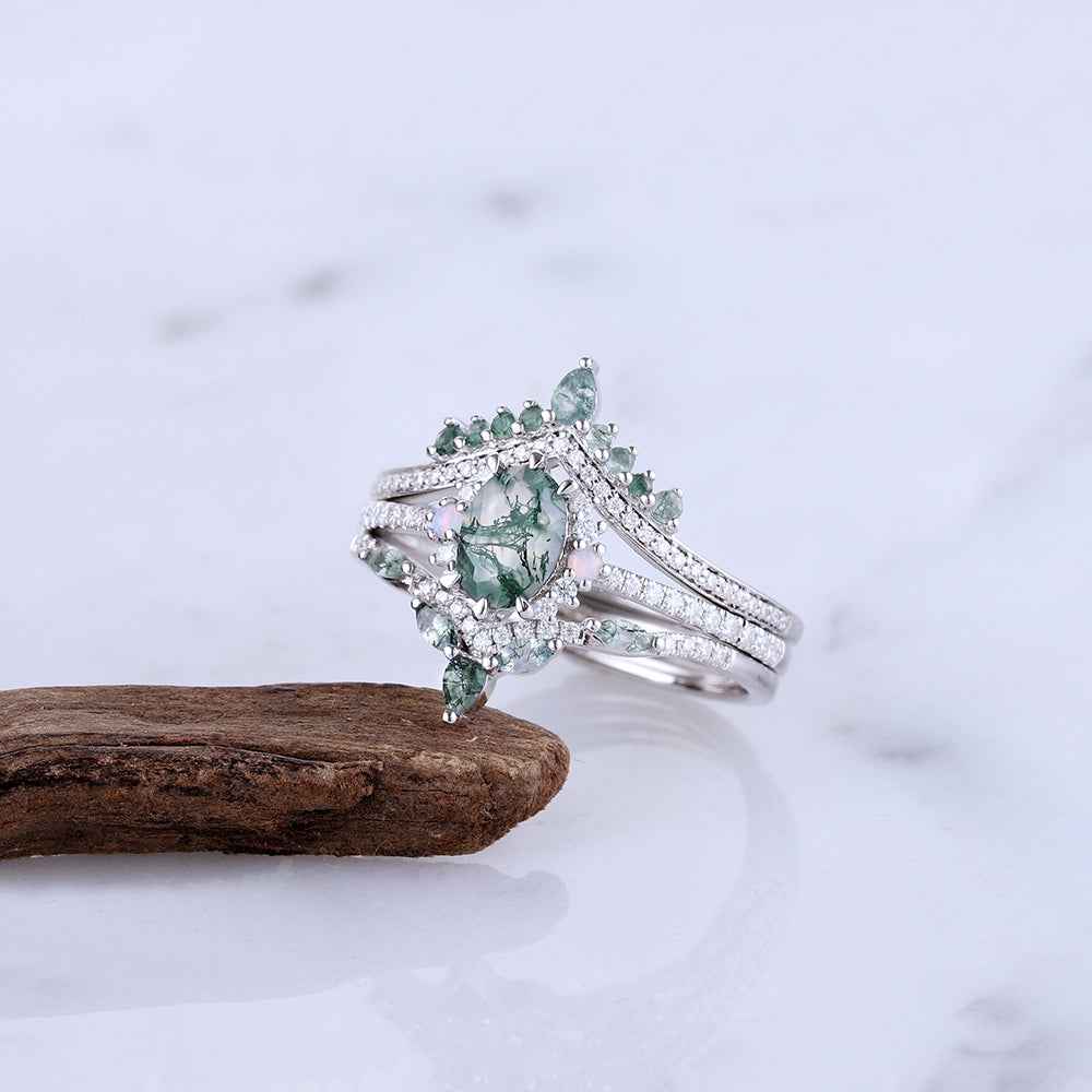 Unique Oval Shaped Moss Agate Half Enternity Engagement Ring Set 3pcs