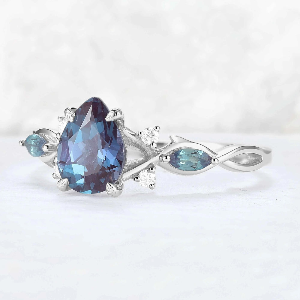 Unique Pear Cut Alexandrite Cluster Engagement Ring