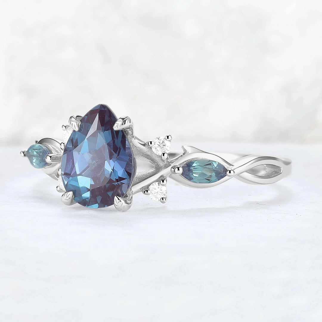 Unique Pear Cut Alexandrite Cluster Engagement Ring