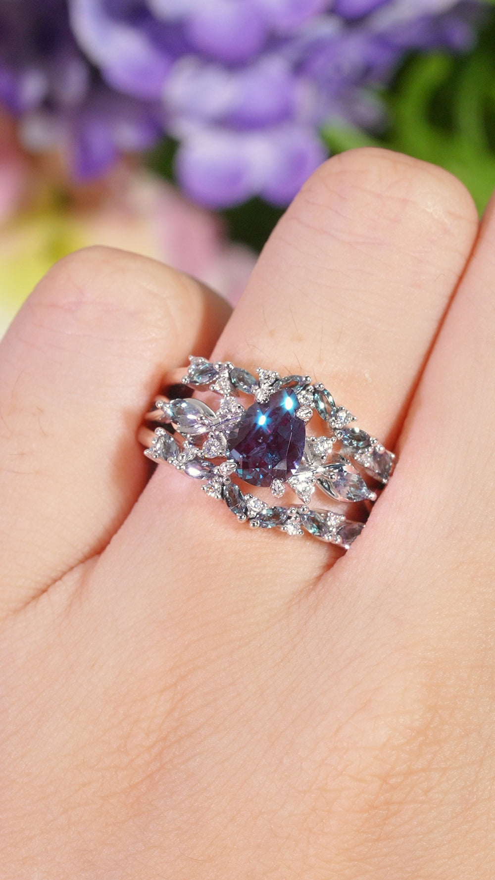 Unique Pear Cut Alexandrite Cluster Enhancer Engagement Ring Set 2pcs