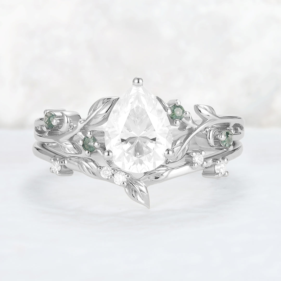 Unique Pear Cut Moissanite Leafy Gemstone Ring 2pcs
