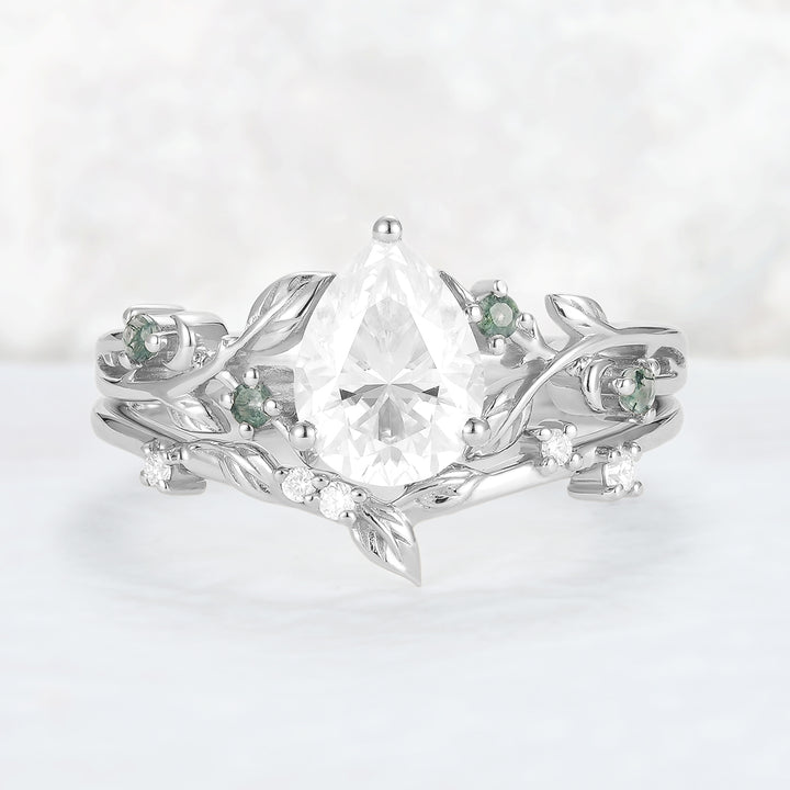 Unique Pear Cut Moissanite Leafy Gemstone Ring 2pcs