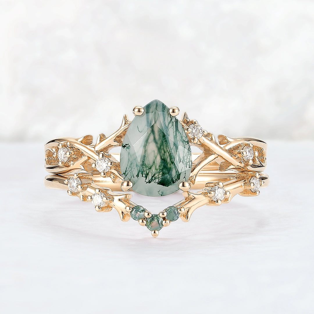 Unique Pear Cut Moss Agate Moissanite Vine Ring Set 2pcs