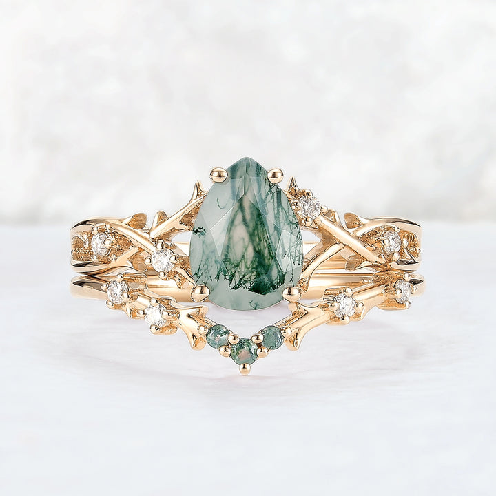Unique Pear Cut Moss Agate Moissanite Vine Ring Set 2pcs