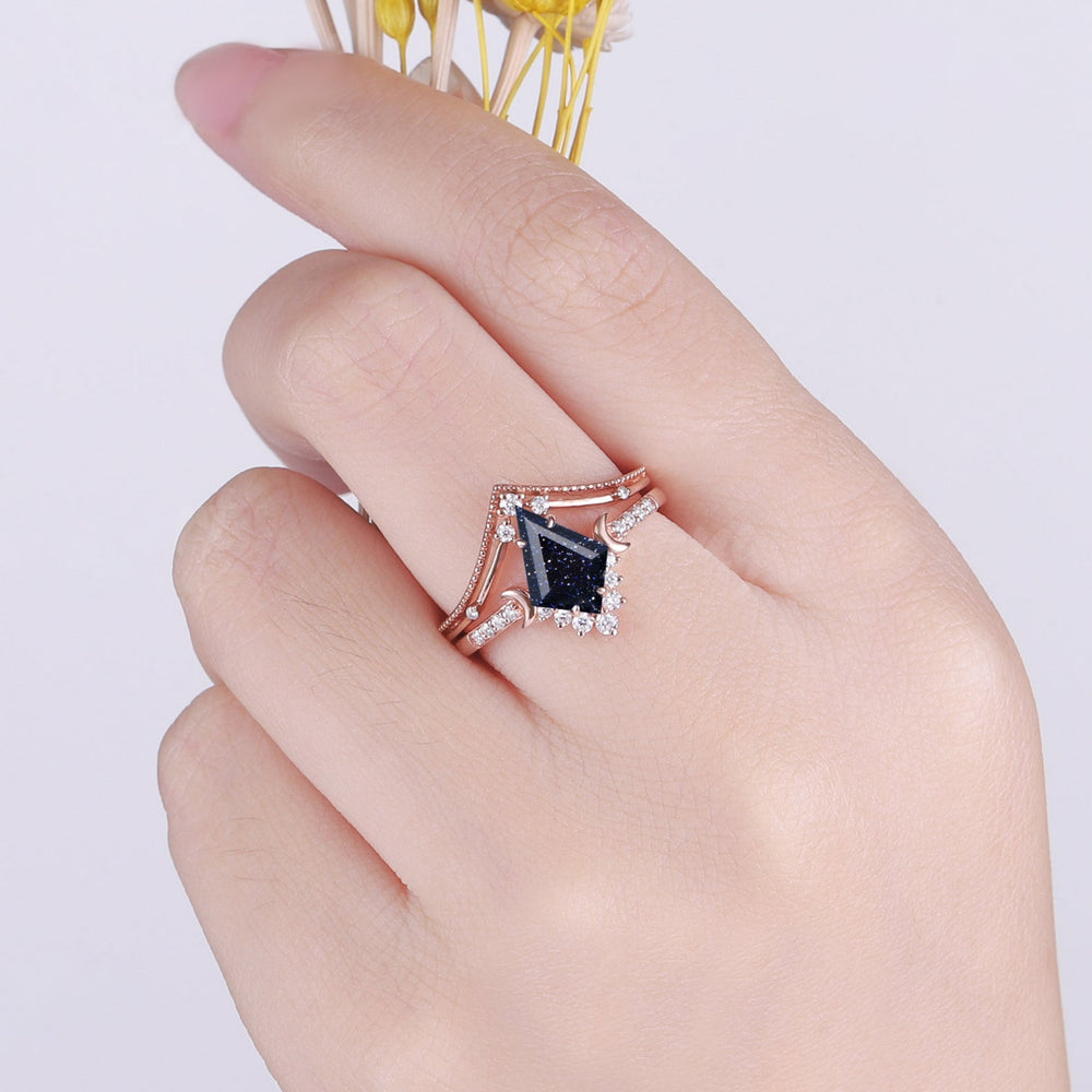 Unique kite Cut Blue Sandstone Moon Engagement Ring Set 2pcs
