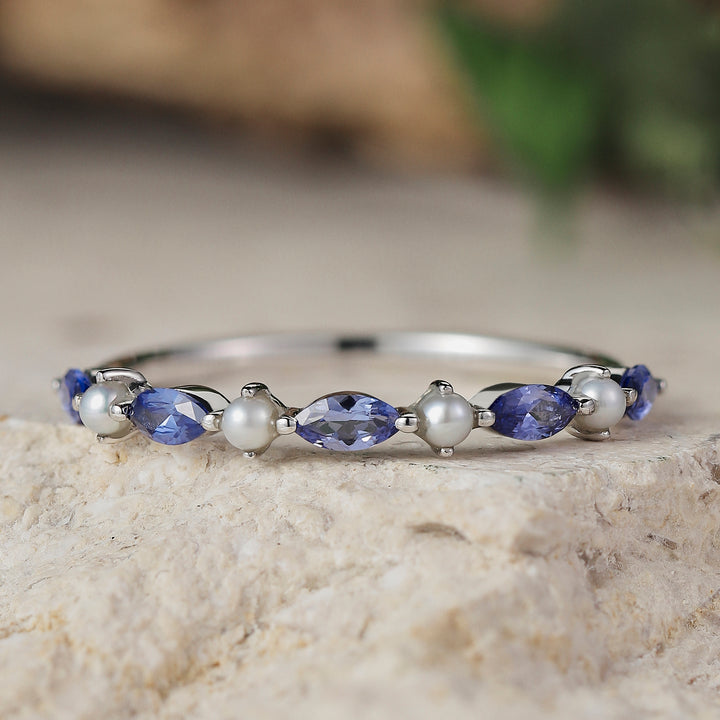 Straight Marquise Cut Cornflower Sapphire Pearl Wedding Ring