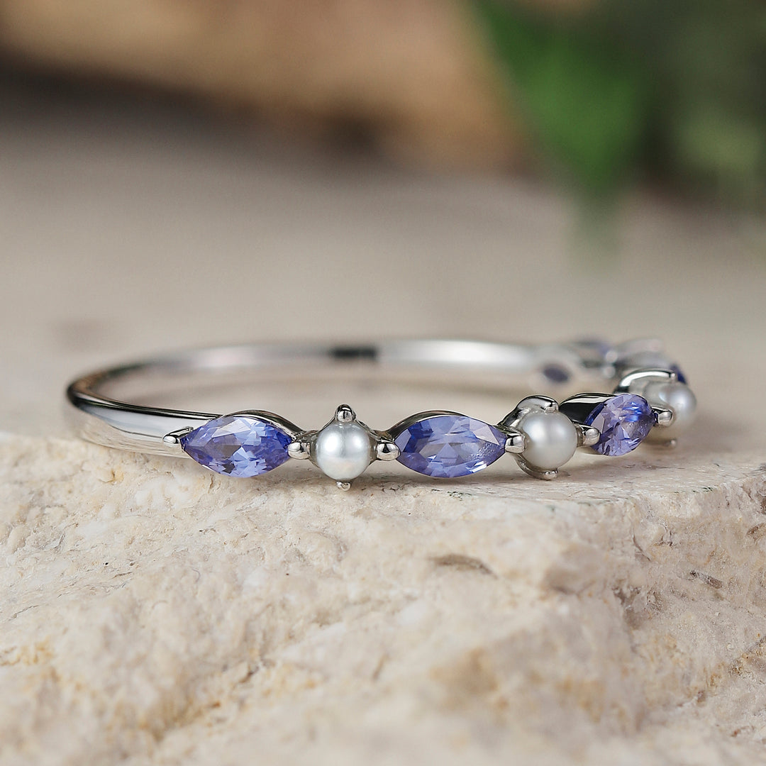 Straight Marquise Cut Cornflower Sapphire Pearl Wedding Ring