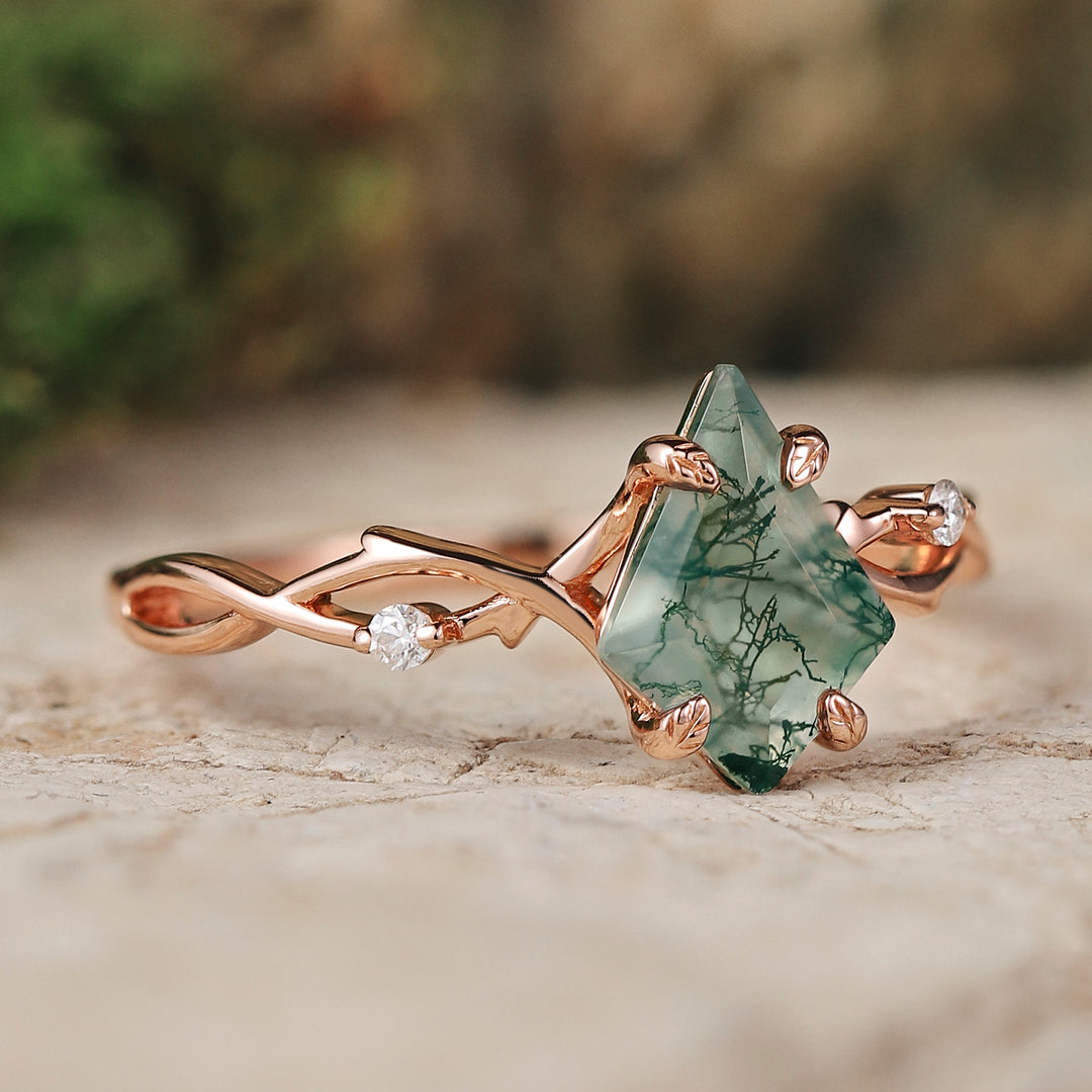 Unique Kite Cut Moss Agate Leaf and Vine Engagement Ring