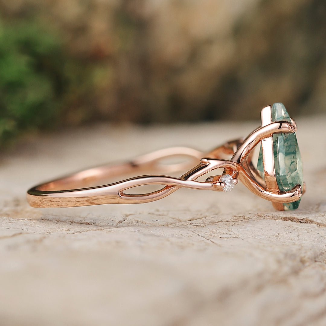 Unique Kite Cut Moss Agate Leaf and Vine Engagement Ring