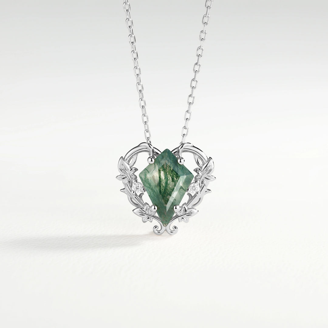 Nature Inspired Ivy Vine Moss Agate Heart Pendant Necklace