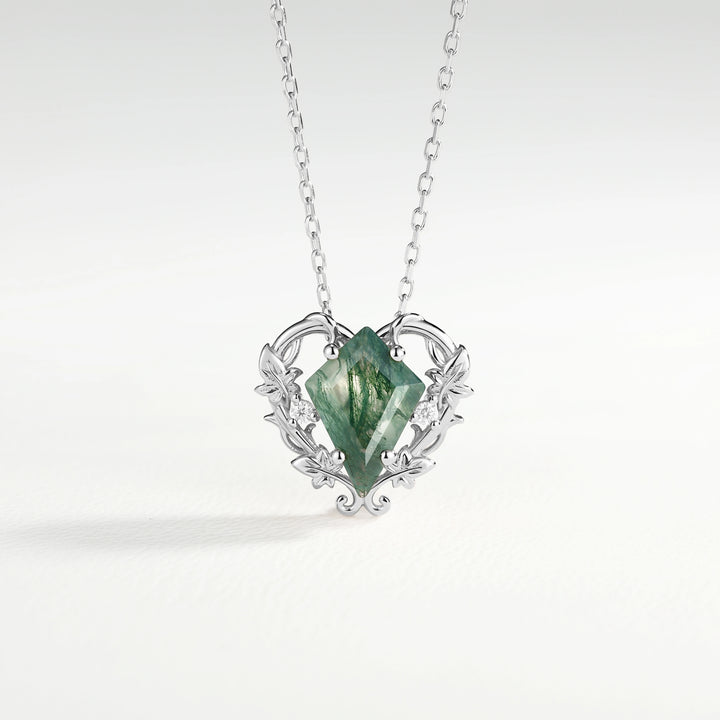 Nature Inspired Ivy Vine Moss Agate Heart Pendant Necklace