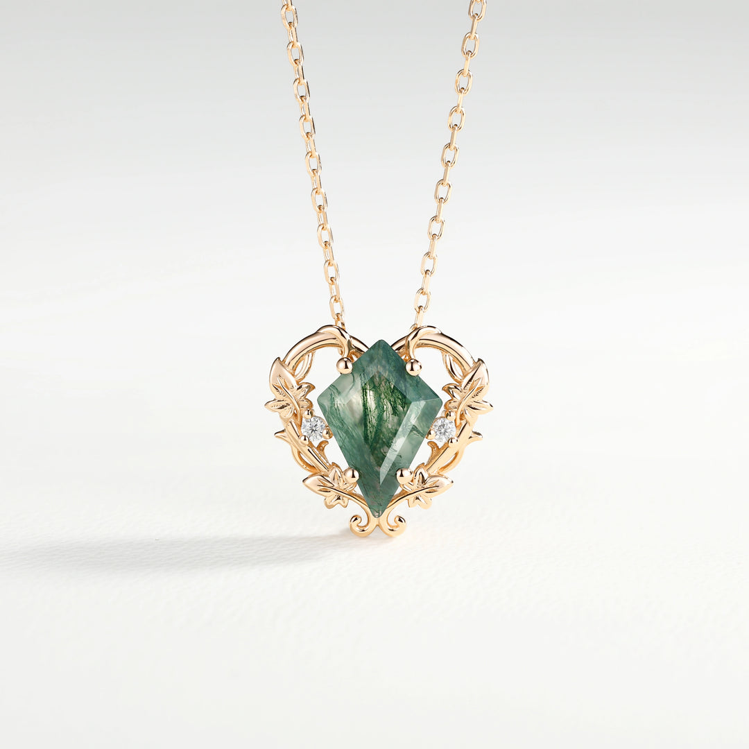 Nature Inspired Ivy Vine Moss Agate Heart Pendant Necklace