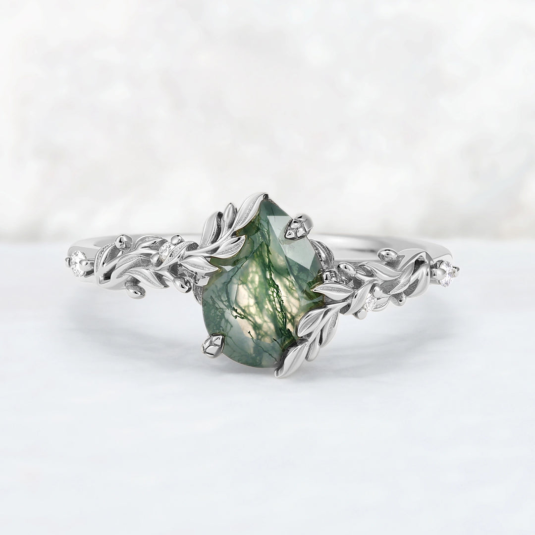 Celestial Nature Moonlit Olive Leaf Moss Agate Gemstone Bridal Ring Set 2pcs